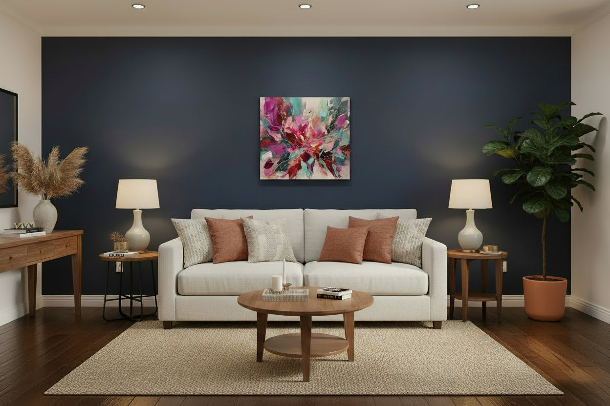 Sala de paleta de colores neutras con cuadro minimalista colorido