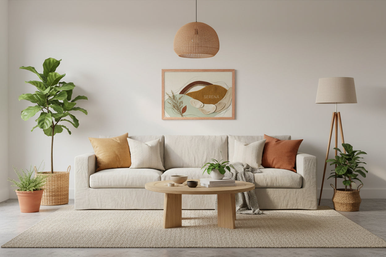 Póster enmarcado abstracto tonos beige terracota verde salvia decoración boho minimalista