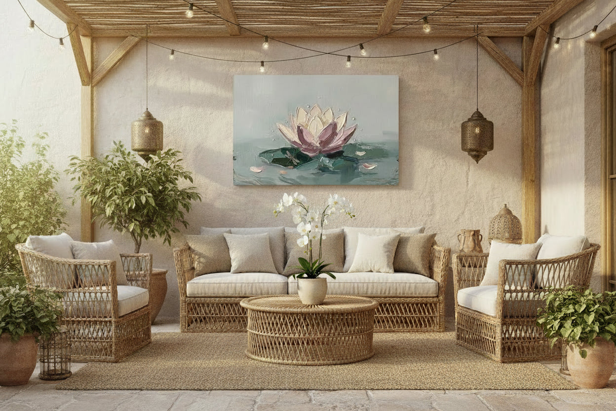 Terraza estilo mediterraneo con cuadro decorativo