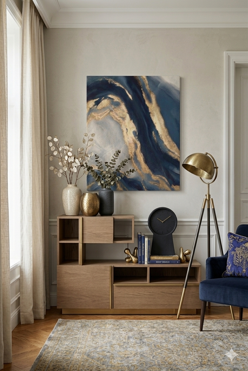 Cuadro abstracto dorado y azul lienzo arte moderno decoración sala elegante hogar